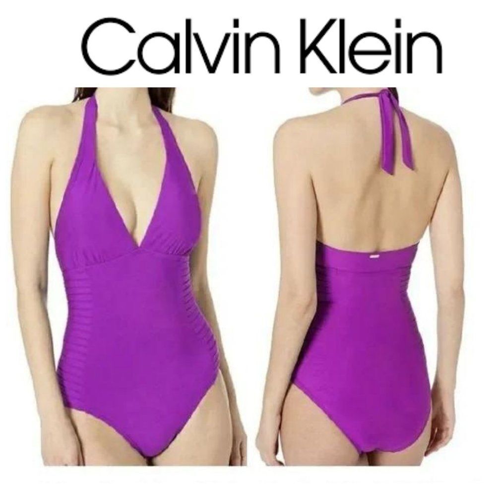 Calvin Klein purple ribbed Side Pleated Tummy control Halter sz 6 swimsu…